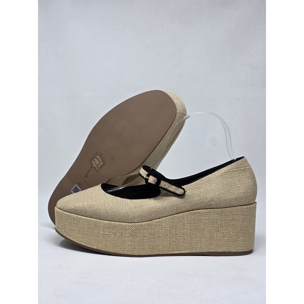 Larroude Blair Beige/Black Fabric Wedge Round Toe Buckle Ankle Flatform Sz US 9